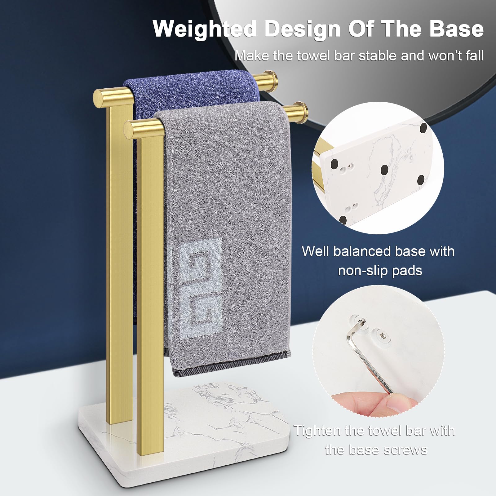 Nearmoon Hand Towel Holder With Balanced Marble Base, Sus304 Stainless Steel Stand Towel Ring L Shape Hand Towel Rack Free-Stand